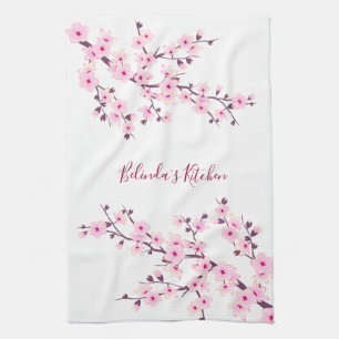 Cherry Blossoms Floral Pink White Personalize Kitchen Towel