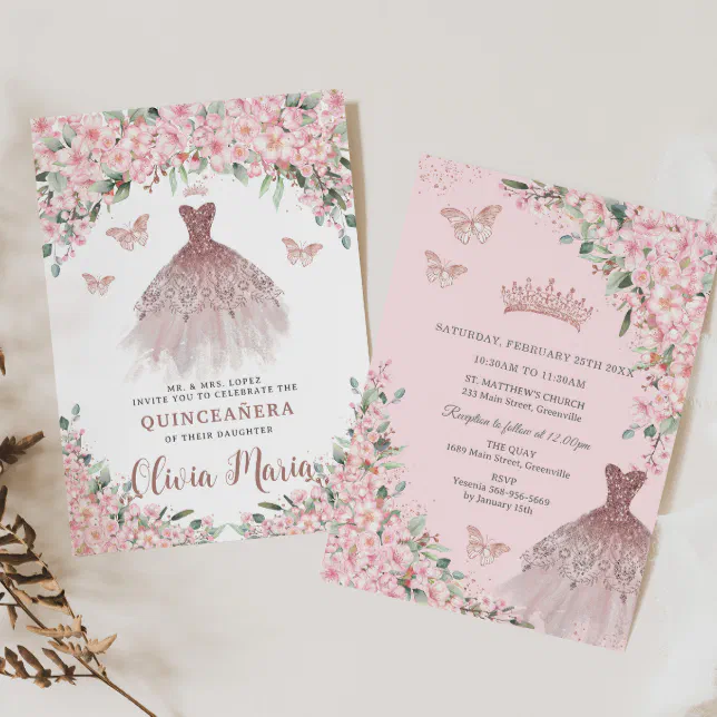 Cherry Blossoms Floral Rose Gold Dress Quinceañera Invitation | Zazzle