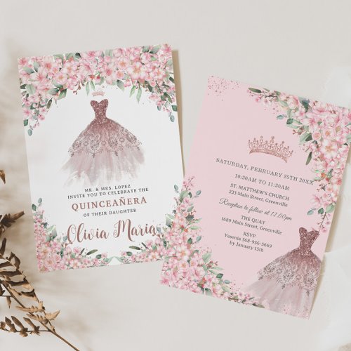 Cherry Blossoms Floral Rose Gold Dress Quinceaera Invitation
