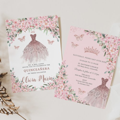 Cherry Blossoms Floral Rose Gold Dress Quinceaera Invitation