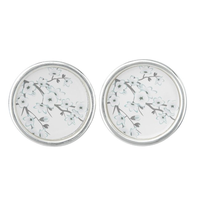 Cherry Blossoms Floral White Choose Background Cufflinks (Front)