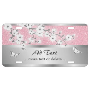 Cherry Blossoms Flower Pink Glitter Silver License Plate