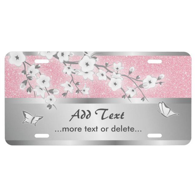 Cherry Blossoms Flower Pink Glitter Silver License Plate (Front)