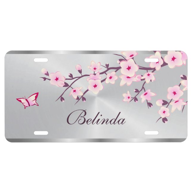 Cherry Blossoms Flower Pink Silver Add Name License Plate (Front)