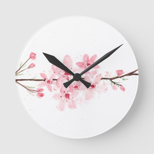 Cherry blossoms flowers pink floral watercolor  round clock (Front)