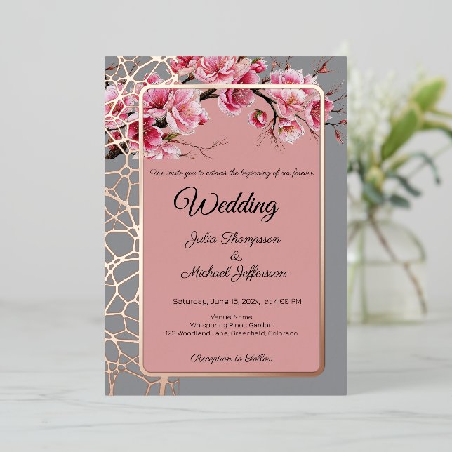 Cherry Blossoms French Romantic Dusty Rose Foil Invitation (Standing Front)