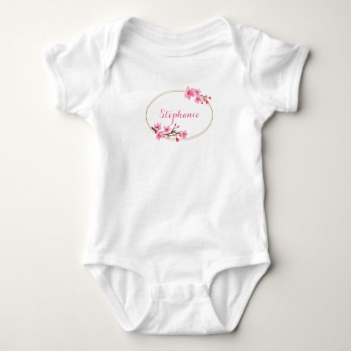 Cherry Blossoms _ Gold Oval Frame _ Personalized Baby Bodysuit