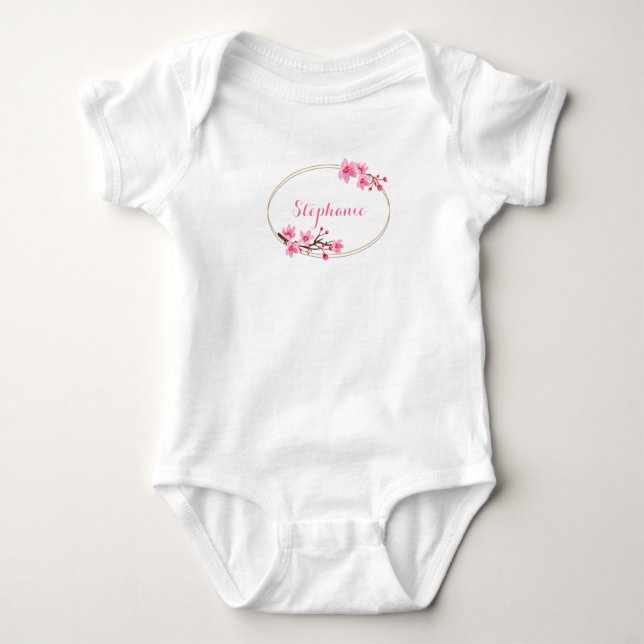 Cherry Blossoms - Gold Oval Frame - Personalized Baby Bodysuit (Front)