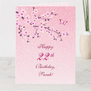 Cherry Blossoms Happy Birthday Pink Glitter Card
