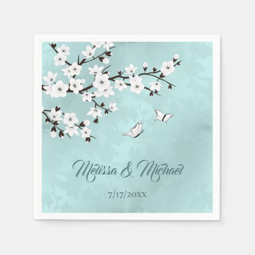 Cherry Blossoms Ice Blue  Custom Wedding Napkins