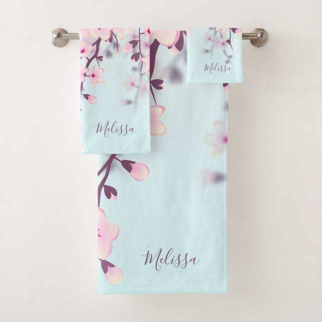 Cherry Blossoms Illustrative Landscape Pink Blue Bath Towel Set (Insitu)