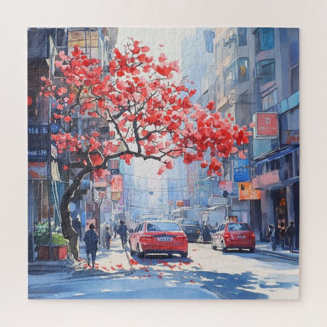 Cherry Blossoms in Cityscape Scene Jigsaw Puzzle (Vertical)