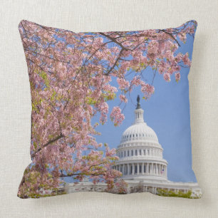 Cherry blossoms in front of Capitol building Throw Pillow
