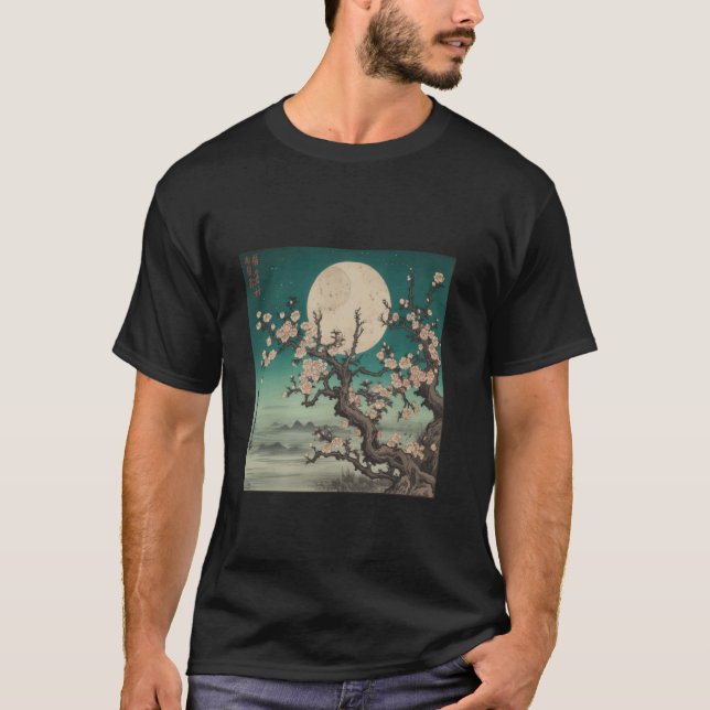 Cherry Blossoms in Moonlight Japanese Art T-Shirt (Front)