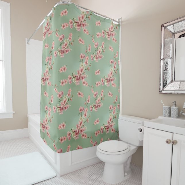 Cherry Blossoms in Pink and Teal Shower Curtain (In Situ)