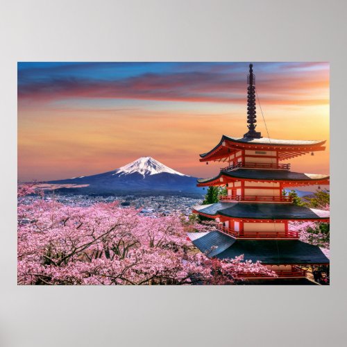 Cherry blossoms in spring chureito pagoda poster