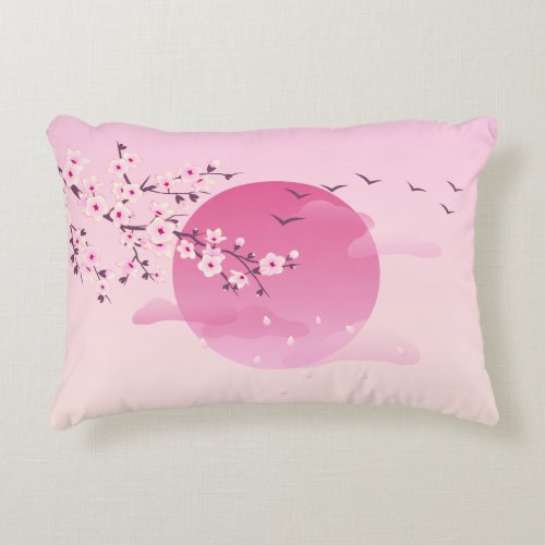 Cherry Blossoms Japanese Landscape Pink Accent Pillow