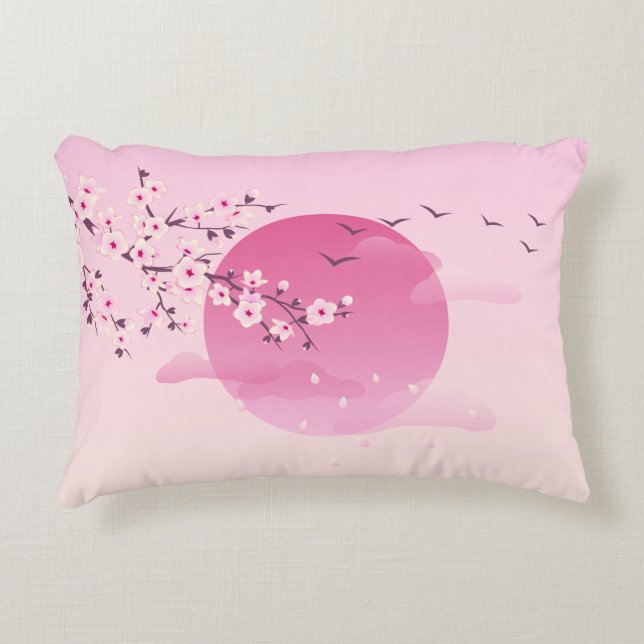 Cherry Blossoms Japanese Landscape Pink Accent Pillow (Front)