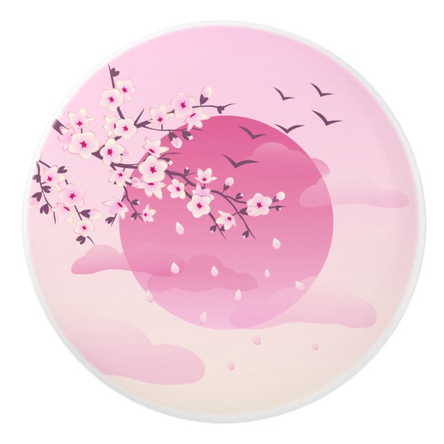 Cherry Blossoms Japanese Landscape  Pink Girly Ceramic Knob (Front)