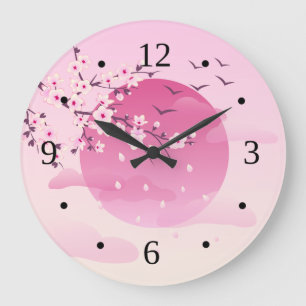 Cherry Blossoms Japanese Landscape Pink Large Clock