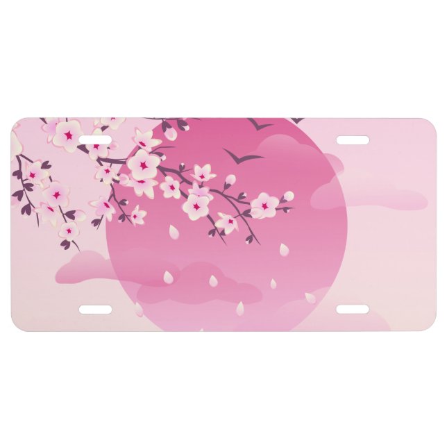 Cherry Blossoms Japanese Landscape Pink License Plate (Front)