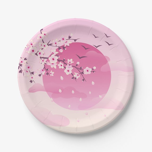 Cherry Blossoms Japanese Landscape Pink Paper Plates (Front)
