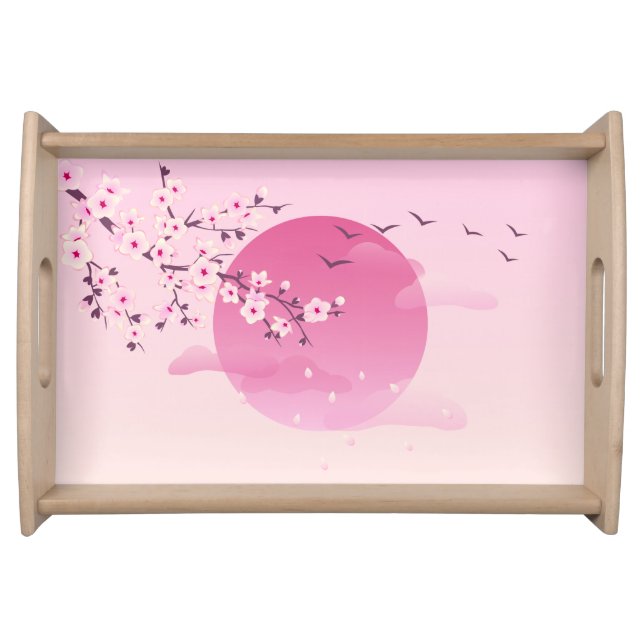 Cherry Blossoms Japanese Landscape Pink Serving Tray (Front)