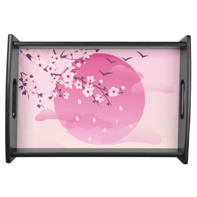 Cherry Blossoms Japanese Landscape Pink Serving Tray (Front)