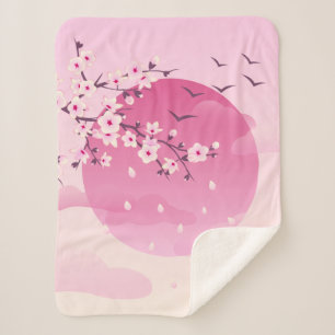 Cherry Blossoms Japanese Landscape Pink Sherpa Blanket