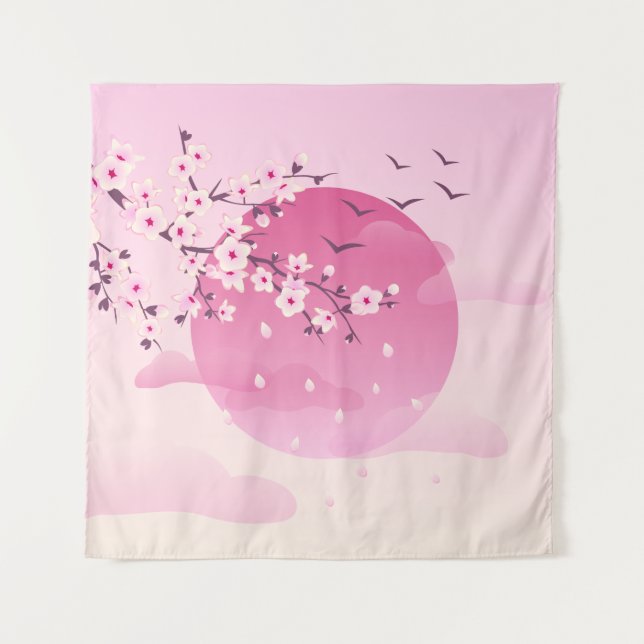 Cherry Blossoms Japanese Landscape Pink Tapestry (Front)