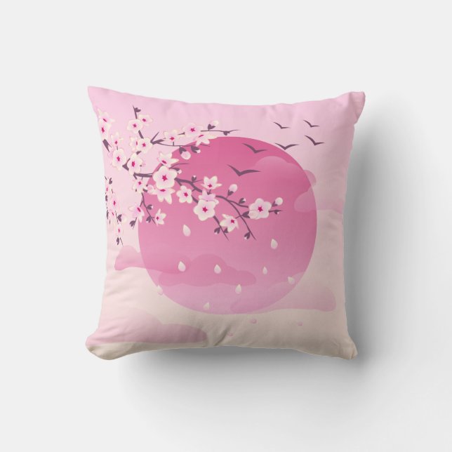Cherry Blossoms Japanese Landscape Pink Throw Pillow (Front)