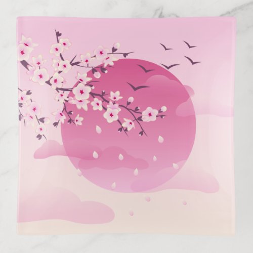 Cherry Blossoms Japanese Landscape Pink Trinket Tray