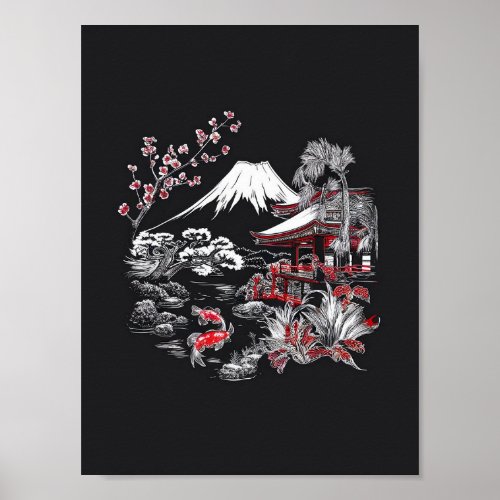 cherry blossoms koi fish swimming in a pond poster