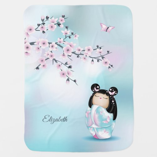 Cherry Blossoms Kokeshi Doll Add Name  Baby Blanket