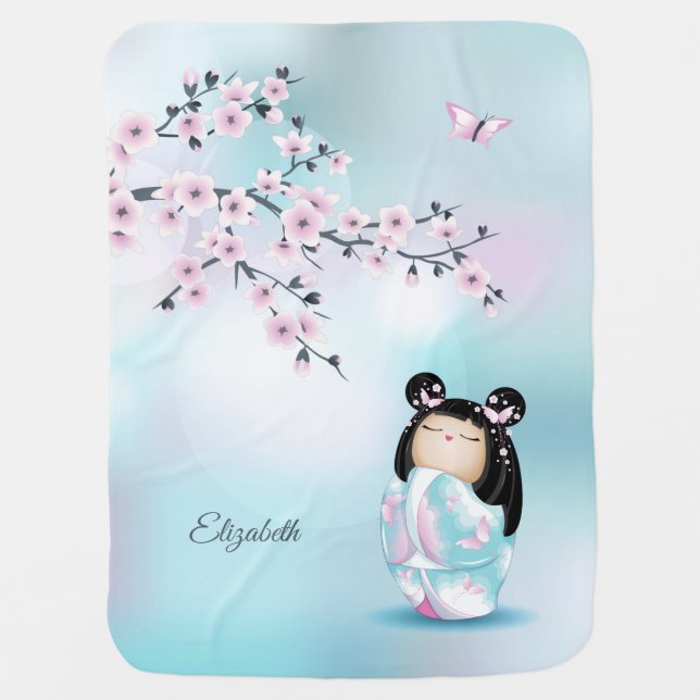 Cherry Blossoms Kokeshi Doll Add Name  Baby Blanket (Front)