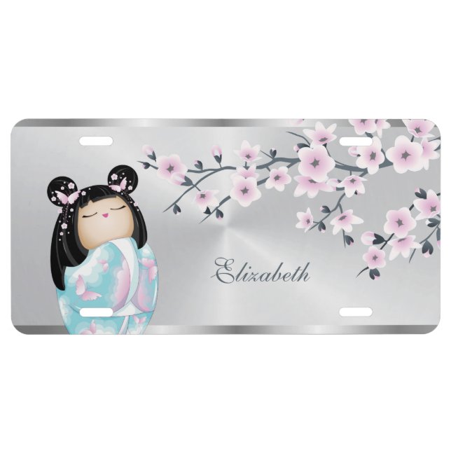 Cherry Blossoms Kokeshi  Doll Dusky Pink Silver License Plate (Front)