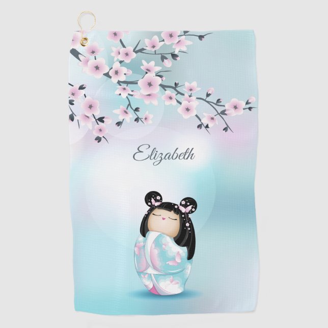 Cherry Blossoms Kokeshi Doll Pink Turquoise Name Golf Towel (Front)