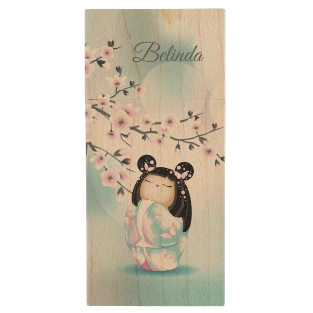 Cherry Blossoms Kokeshi Doll  Wood Flash Drive (Front Vertical)