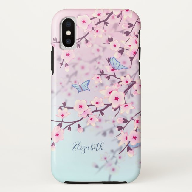Cherry Blossoms Landscape Pink Turquoise Monogram Case-Mate iPhone Case (Back)