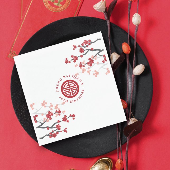 Cherry Blossoms Longevity Symbol Chinese Birthday Napkins (Cherry Blossoms Longevity Symbol Chinese Senior Birthday Paper Napkin @ zazzle.com/fatfatin_red_knot)