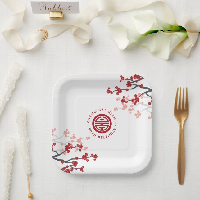 Cherry Blossoms Longevity Symbol Chinese Birthday Paper Plates (Wedding)