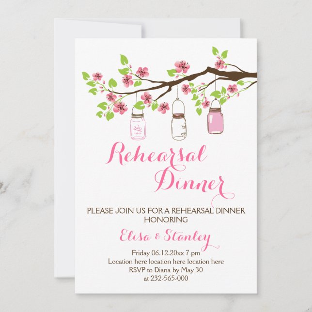 Cherry blossoms mason jar wedding rehearsal dinner invitation (Front)