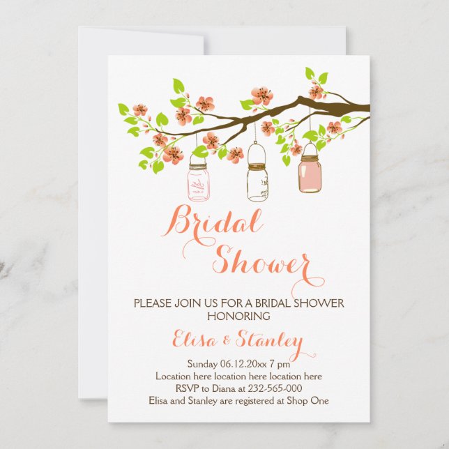 Cherry blossoms & mason jars wedding bridal shower invitation (Front)