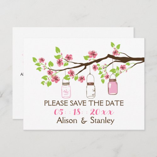 Cherry blossoms mason jars wedding Save the Date Announcement Postcard