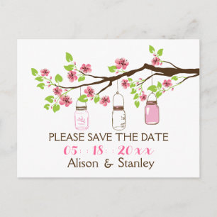 Cherry blossoms, mason jars wedding Save the Date Announcement Postcard