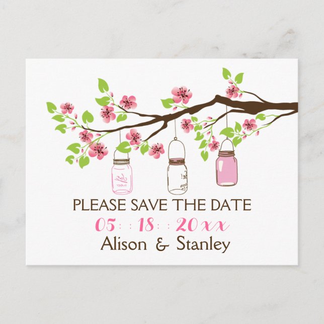 Cherry blossoms, mason jars wedding Save the Date Announcement Postcard (Front)