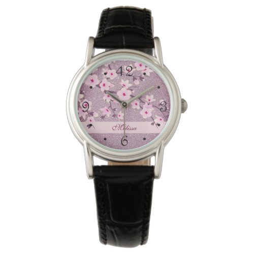 Cherry Blossoms Mauve Glitter Monogram Watch