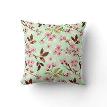 Cherry Blossoms Mint Background Throw Pillow