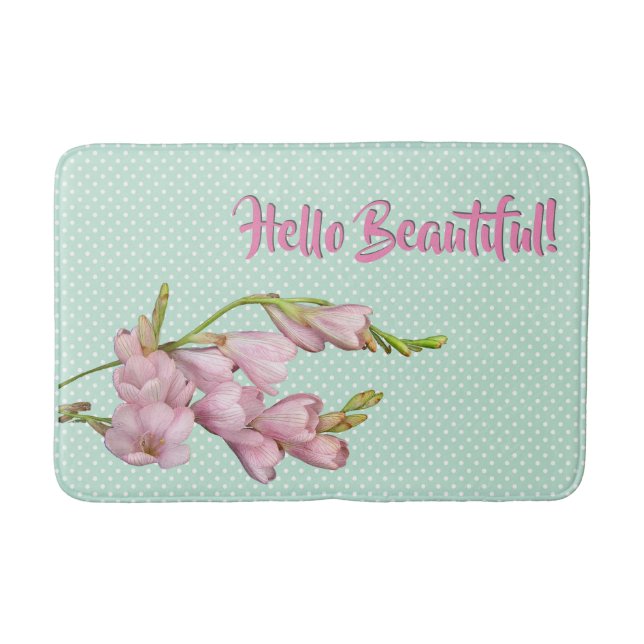 Cherry Blossoms Mint Green Dots Hello Beautiful! Bath Mat (Front)