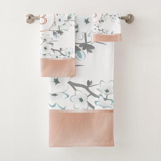 Cherry Blossoms Mint White Rose Gold Monogram Bath Towel Set (Insitu)